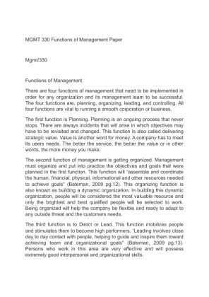 MGMT 330 Functions of Management Paper