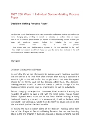 MGT 230 Week 1 Individual Decision Making Process Paper