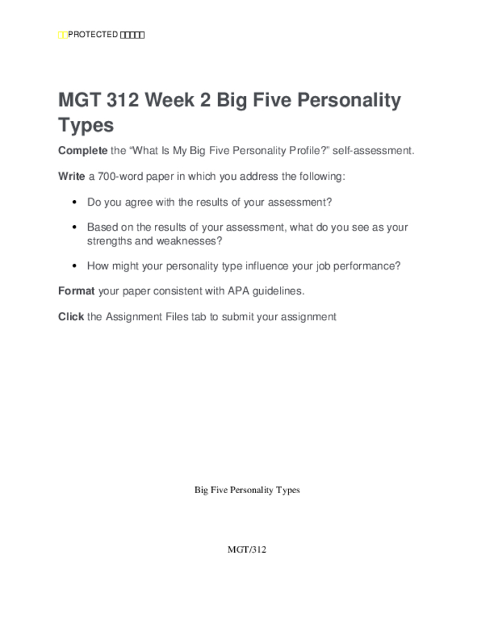 MGT 312 Week 2 Big Five Personality Types
