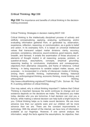 Mgt 330 The importance and benefits of critical thinking in the...