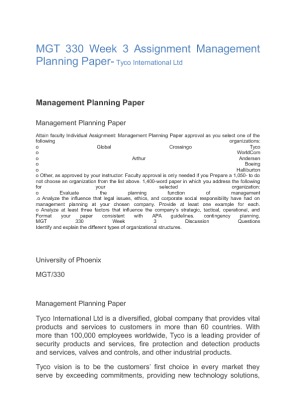 MGT 330 Week 3 Assignment Management Planning Paper  Tyco International Ltd