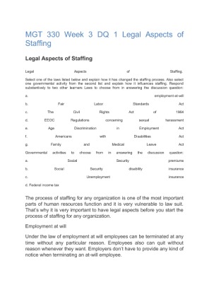 MGT 330 Week 3 DQ 1 Legal Aspects of Staffing