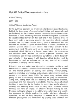 Mgt 350 Critical Thinking Application Paper