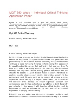 MGT 350 Week 1 Individual Critical Thinking Application Paper