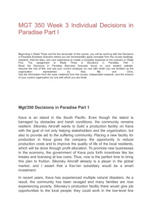 MGT 350 Week 3 Individual Decisions in Paradise Part I
