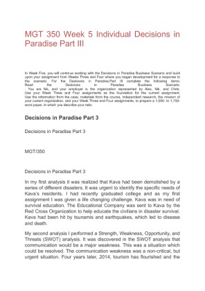 MGT 350 Week 5 Individual Decisions in Paradise Part III