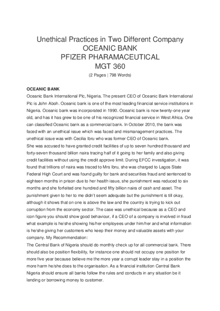 MGT 360 Unethical Practices in Two Different Company Pfizer and Oceanic...