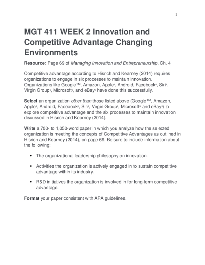 MGT 411 WEEK 2 Innovation and Competitive Advantage Changing Environments
