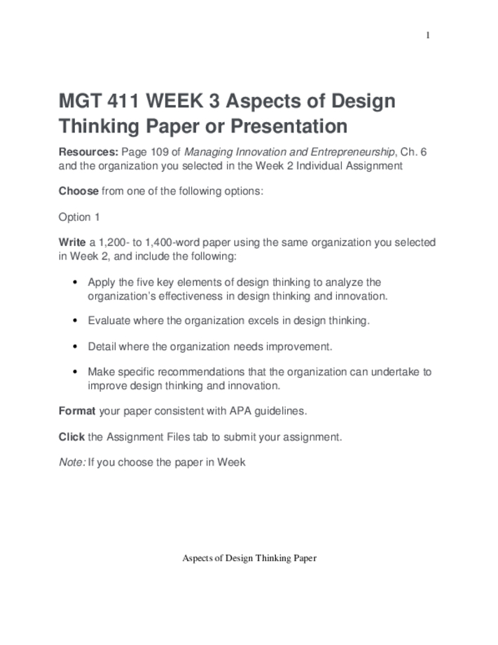 MGT 411 WEEK 3 Aspects of Design Thinking Paper or Presentation