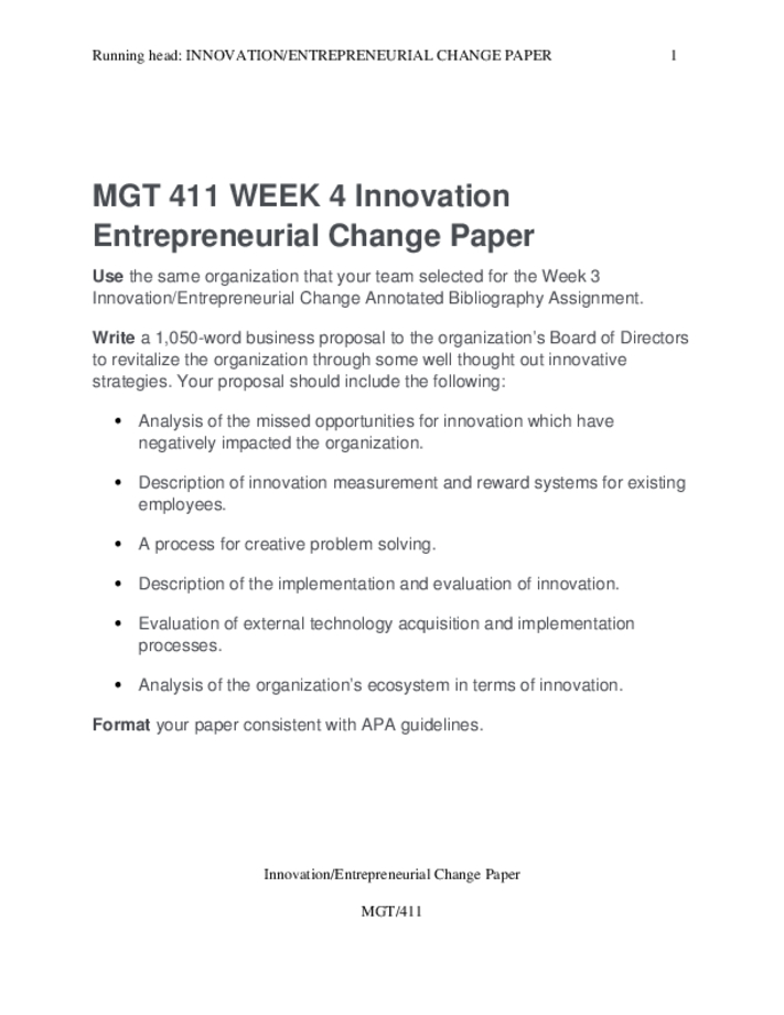 MGT 411 WEEK 4 Innovation Entrepreneurial Change Paper