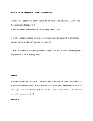 MGT 415 Week 4 DQ Power, Conflict and Resolution Evaluate your...