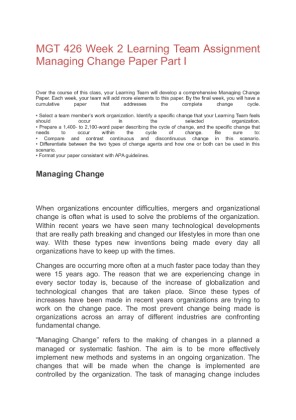 MGT 426 Week 2 Learning Team Assignment Managing Change Paper Part I