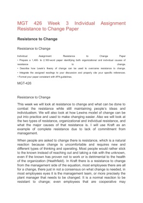 MGT 426 Week 3 Individual Assignment Resistance to Change Paper