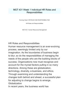 MGT 431 Week 1 Individual HR Roles and Responsibilities