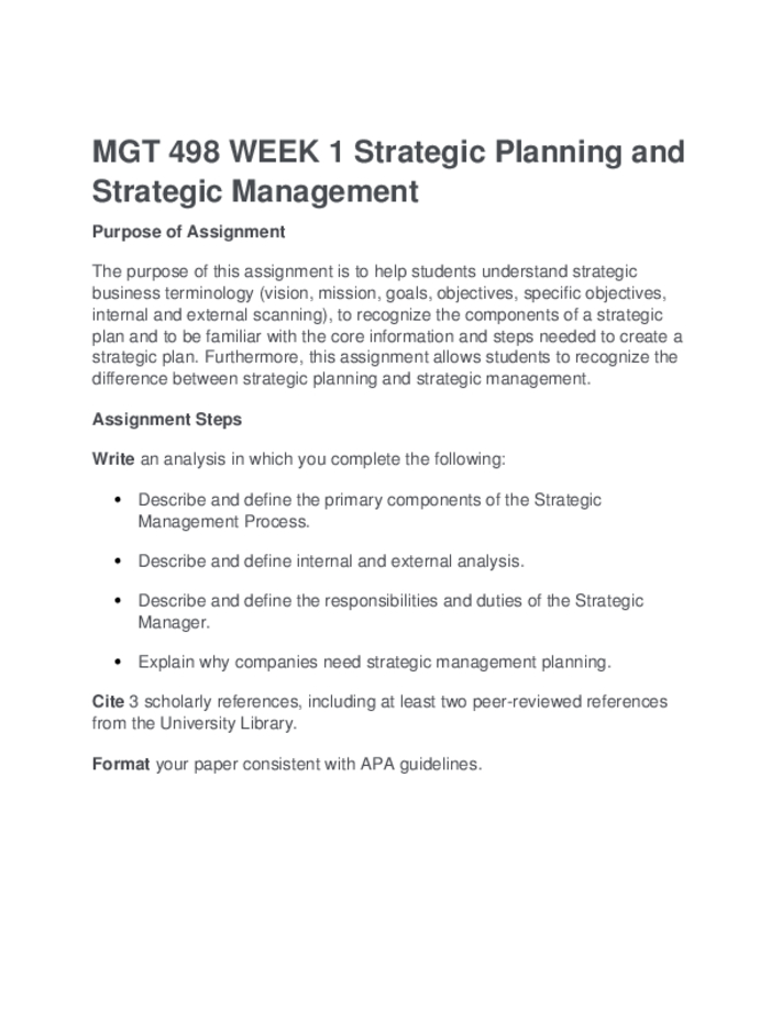 MGT 498 WEEK 1 Strategic Planning and Strategic Management