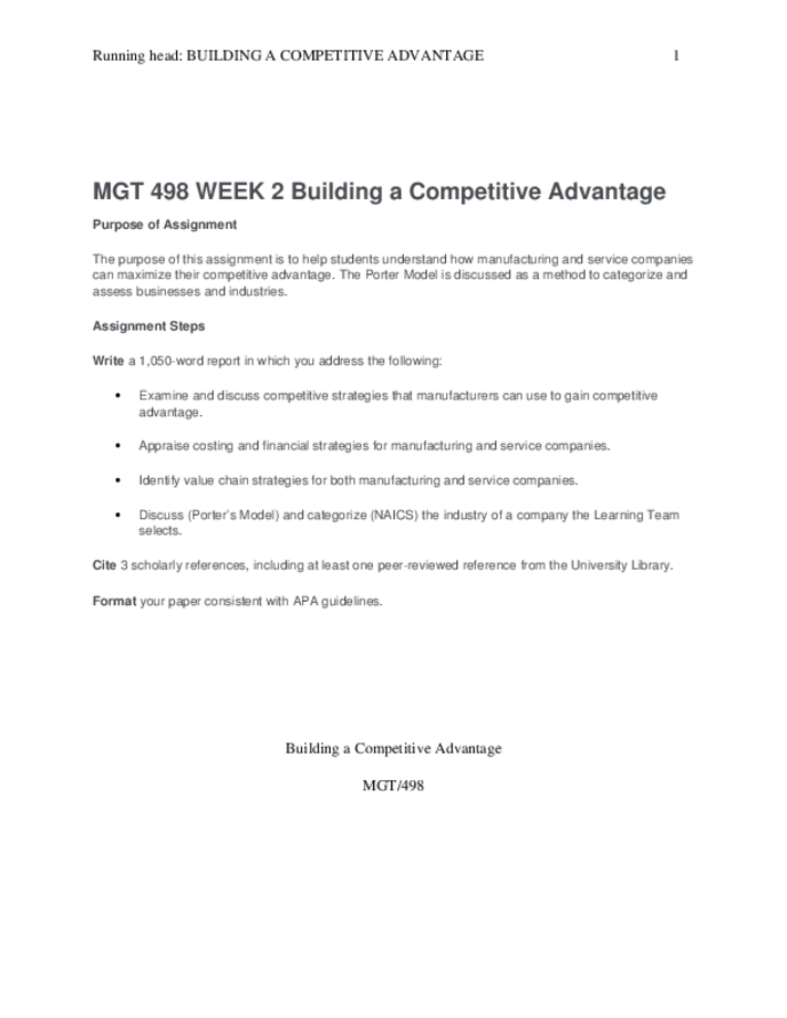 MGT 498 WEEK 2 Building a Competitive Advantage