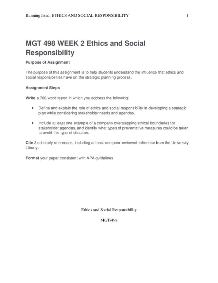 MGT 498 WEEK 2 Ethics and Social Responsibility