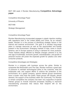 MGT 498 week 4 Riordan Manufacturing Competitive Advantage paper