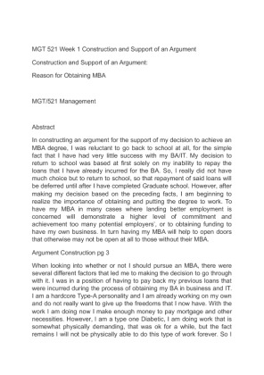 MGT 521 Week 1 Construction and Support of an Argument