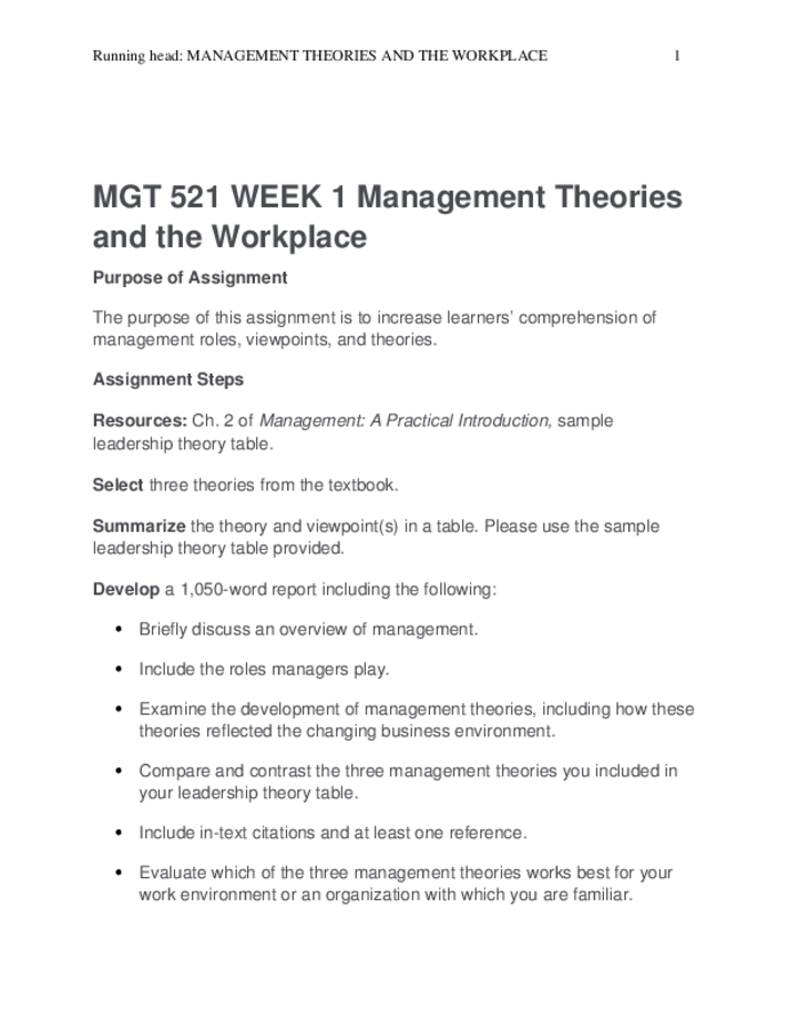 MGT 521 WEEK 1 Management Theories and the Workplace