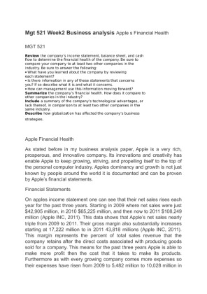 Mgt 521 Week 5 Business analysis Apple s Financial Health
