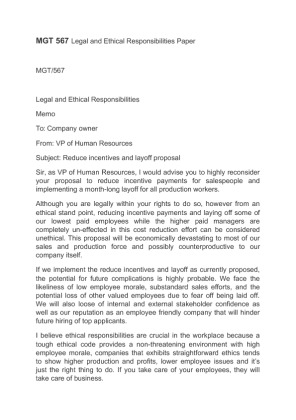 MGT 567 Legal and Ethical Responsibilities Memo