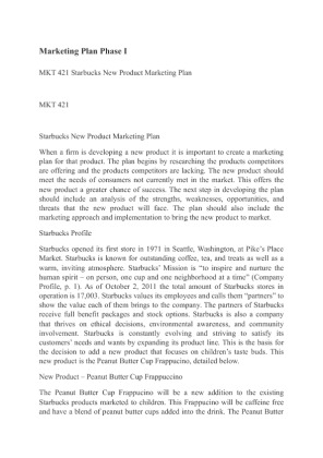 MKT 421 Starbucks New Product Marketing Plan Marketing Plan Phase I