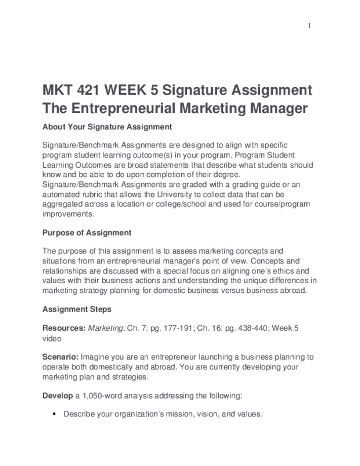 MKT 421 WEEK 5 Signature Assignment The Entrepreneurial Marketing Manager