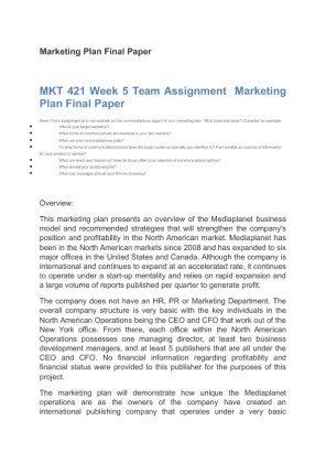 MKT 421 Week 5 Team Assignment  Marketing Plan Final Paper