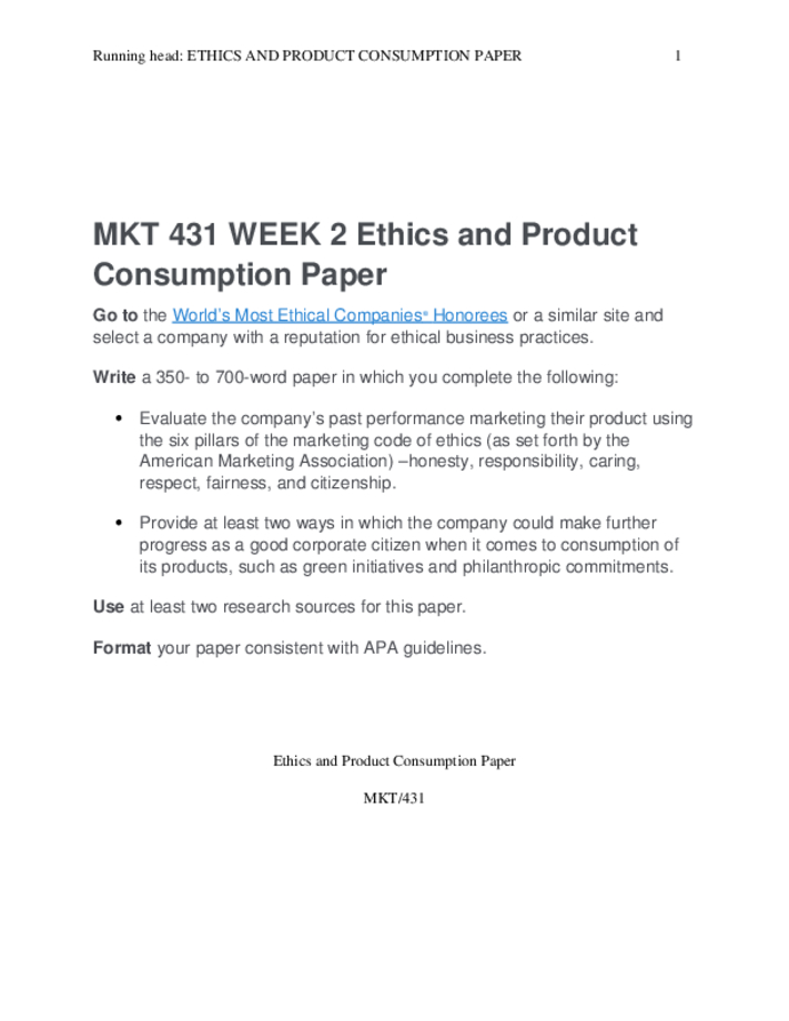 MKT 431 WEEK 2 Ethics and Product Consumption Paper