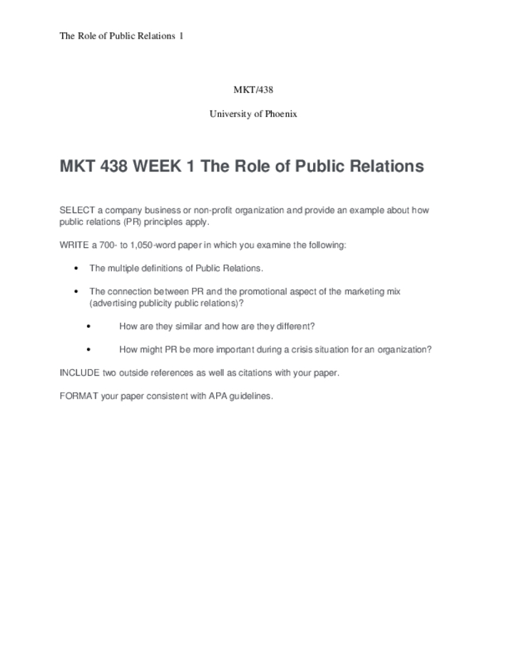 MKT 438 WEEK 1 The Role of Public Relations