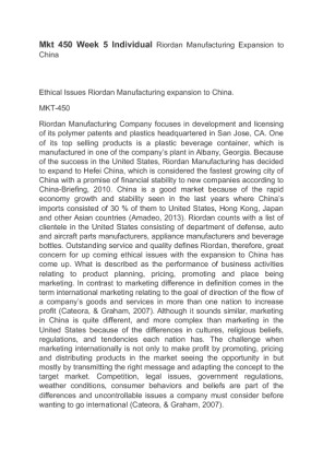 Mkt 450 Week 5 Individual Riordan Manufacturing Expansion to China