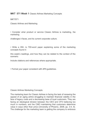 MKT  571 Week 1 Classic Airlines Marketing Concepts
