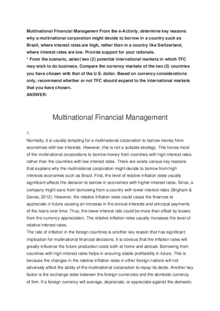 Multinational Financial Managemen From the e Activity, determine key...
