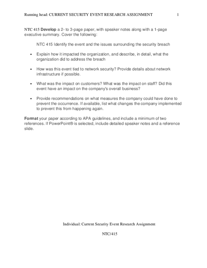 NTC 415 Identify the event and the issues surrounding the security breach