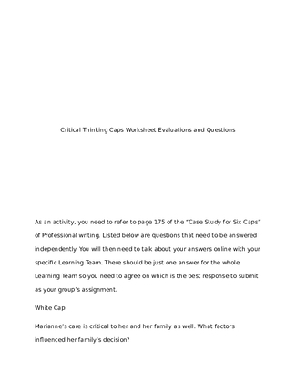 NUR 391 Week 3 Questions for Critical Thinking Caps Worksheet 660583660