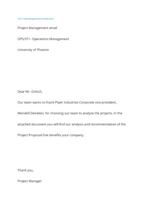 OPS 571 Week 5 Project Management Recommendation email Piper Industries...