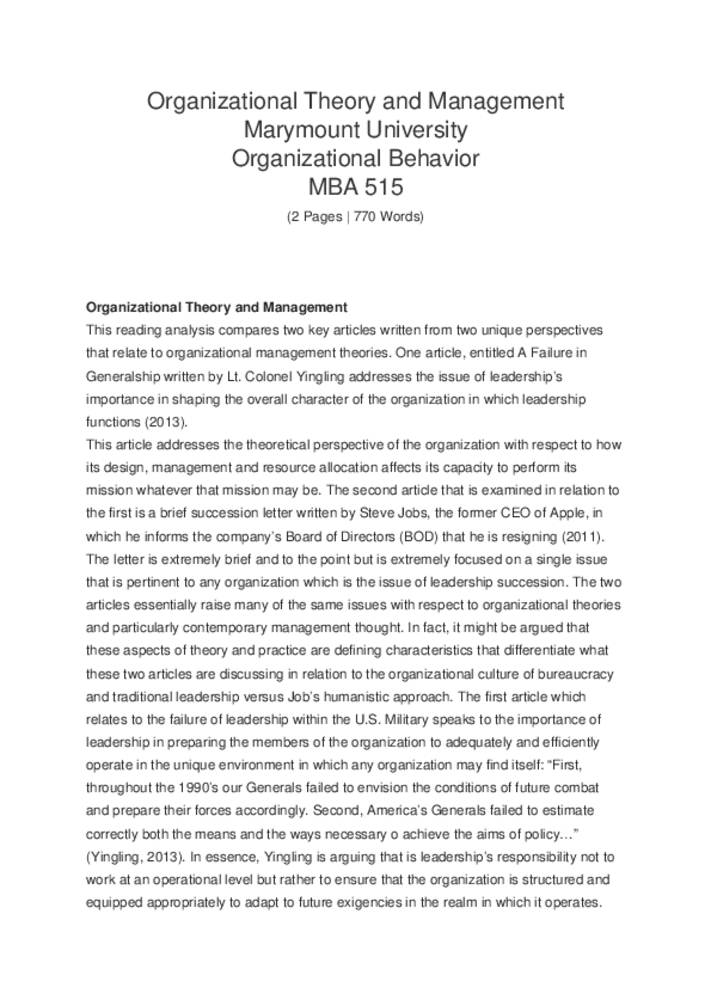Organizational Theory and Management MBA 515