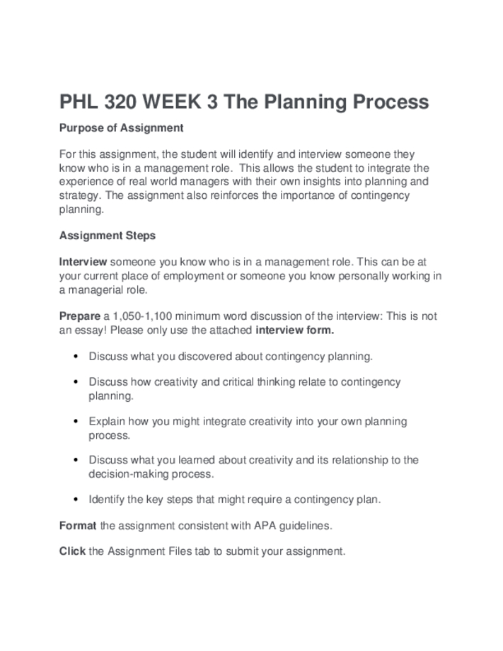 PHL 320 WEEK 3 The Planning Process