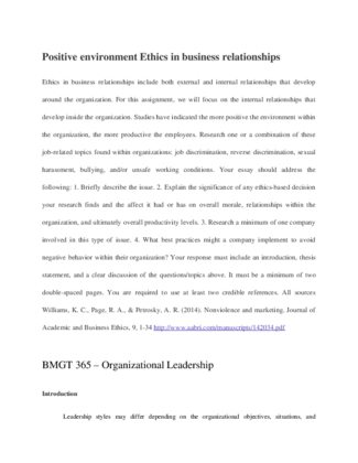 Positive environment Ethics in business relationships
