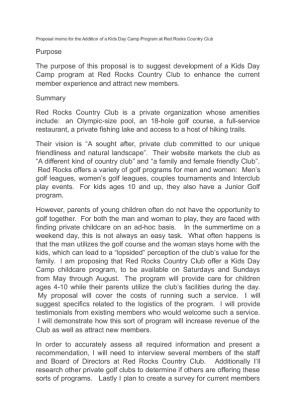 Proposal memo for  Kids Day Camp Program at Red Rocks Country Club