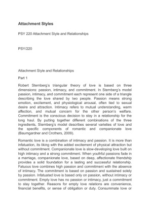PSY 220 Attachment Style and Relationships