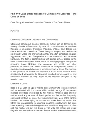 PSY 410 Case Study Obsessive Compulsive Disorder  the Case of Bess