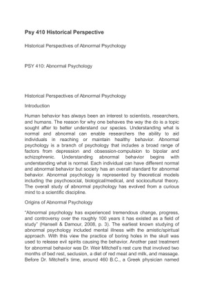 Psy 410 Historical Perspectives of Abnormal Psychology