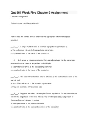 Qnt 561 Week Five Chapter 9 Assignment answers