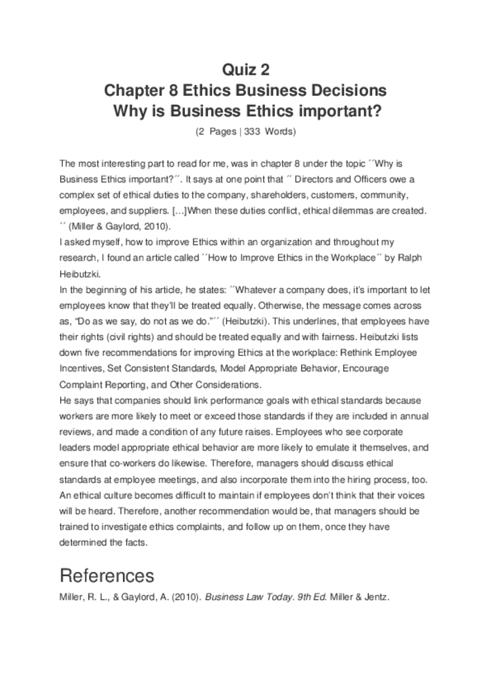 Quiz 2 Why is Business Ethics important
