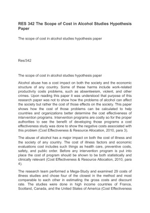 RES 342 The Scope of Cost in Alcohol Studies Hypothesis Paper