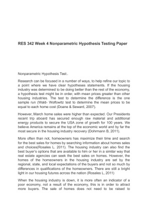 RES 342 Week 4 Nonparametric Hypothesis Testing Paper