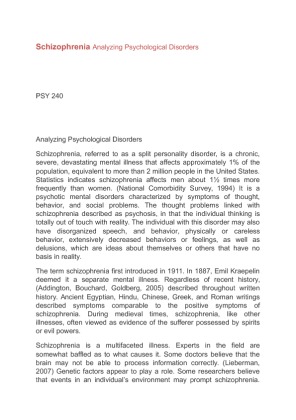 Schizophrenia Analyzing Psychological Disorders PSY 240