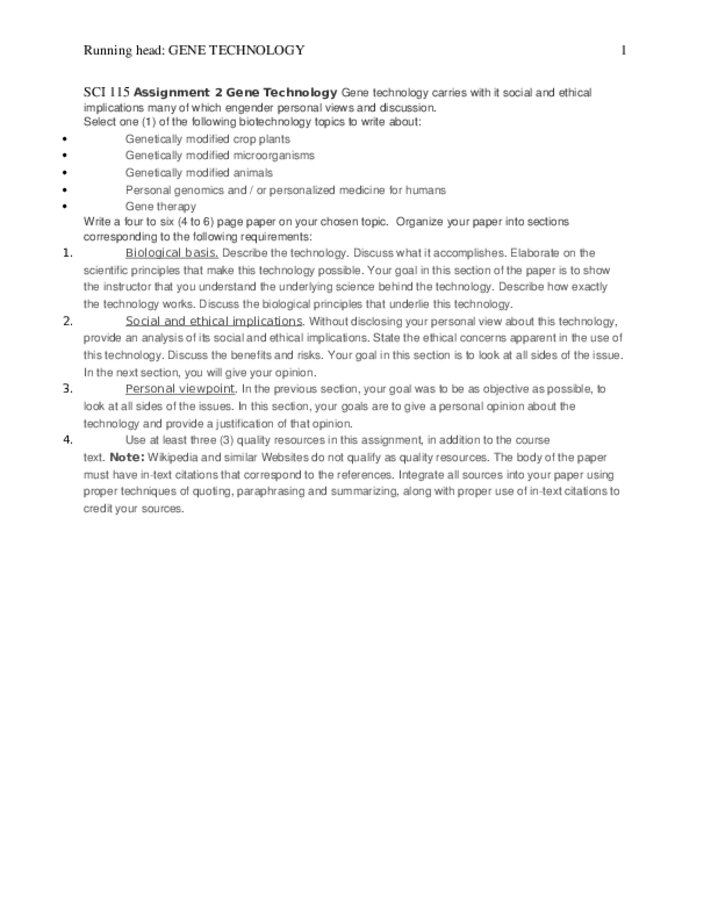 SCI 115 Assignment 2 Gene Technology Gene technology carries with it...
